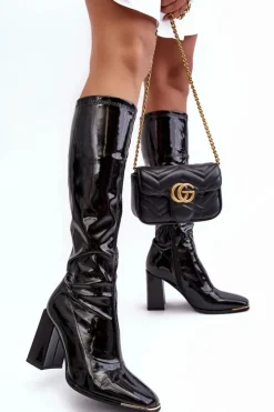 Lakierowane Kozaki Na Słupku Przed Kolano Czarne Mlokva Damskie Kozaki Wiosenne|Kozaki Przed Kolano