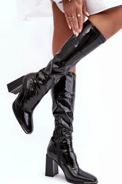 Lakierowane Kozaki Na Słupku Przed Kolano Czarne Mlokva Damskie Kozaki Wiosenne|Kozaki Przed Kolano