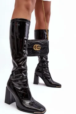 Lakierowane Kozaki Na Słupku Przed Kolano Czarne Mlokva Damskie Kozaki Wiosenne|Kozaki Przed Kolano