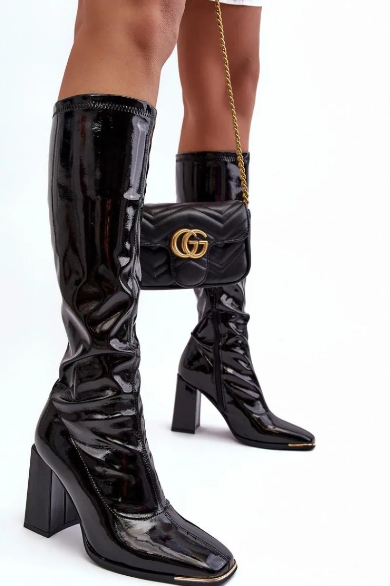 Lakierowane Kozaki Na Słupku Przed Kolano Czarne Mlokva Damskie Kozaki Wiosenne|Kozaki Przed Kolano