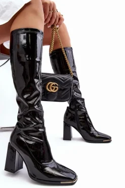 Lakierowane Kozaki Na Słupku Przed Kolano Czarne Mlokva Damskie Kozaki Wiosenne|Kozaki Przed Kolano