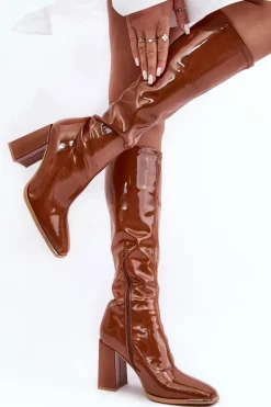 New Boto Lakierowane Kozaki Na Słupku Przed Kolano Brązowe Mlokva