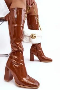 New Boto Lakierowane Kozaki Na Słupku Przed Kolano Brązowe Mlokva