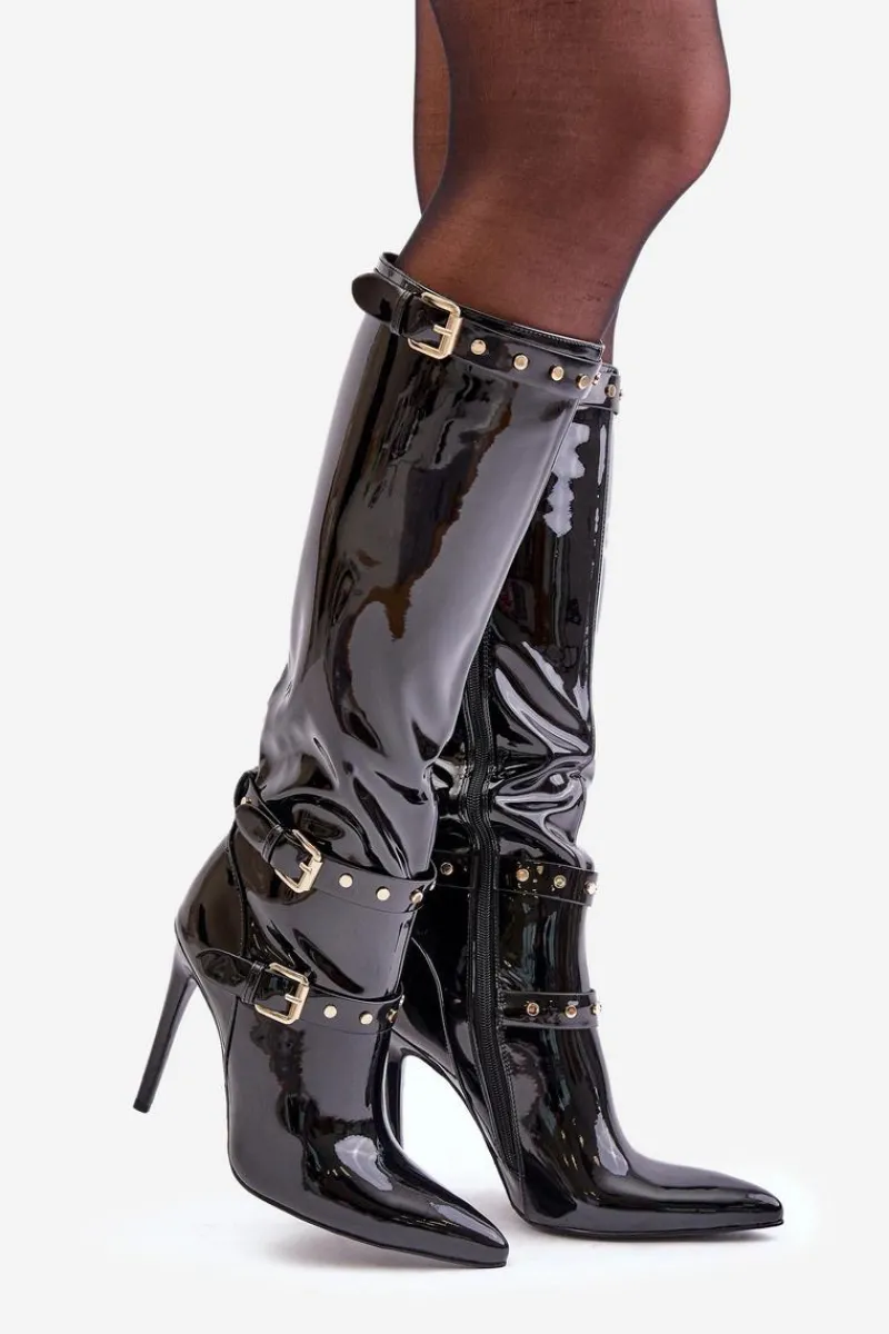 New Boto Lakierowane Kozaki Na Szpilce Z Klamrami Czarne Emiraethe