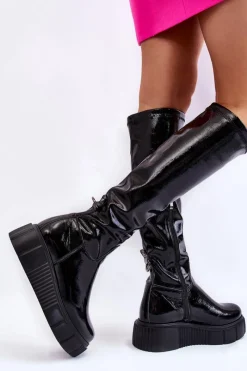 Clearance Lakierowane Kozaki Przed Kolano Na Platformie Czarne Spectrum Damskie Kozaki Na Koturnie|Kozaki Przed Kolano