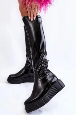 Clearance Lakierowane Kozaki Przed Kolano Na Platformie Czarne Spectrum Damskie Kozaki Na Koturnie|Kozaki Przed Kolano