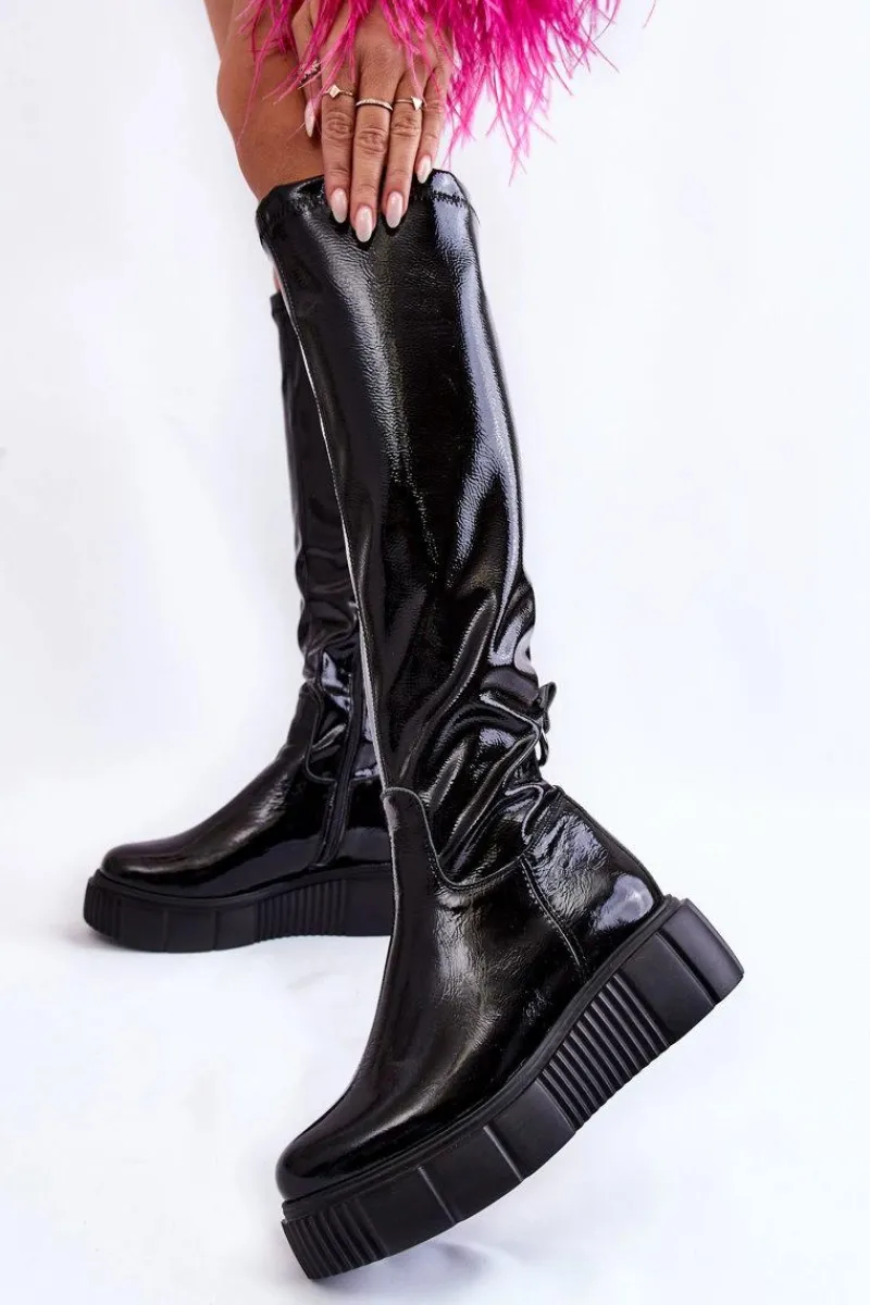 Clearance Lakierowane Kozaki Przed Kolano Na Platformie Czarne Spectrum Damskie Kozaki Na Koturnie|Kozaki Przed Kolano