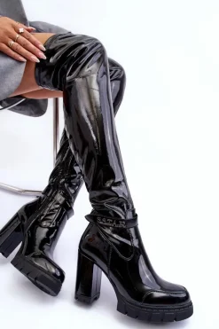 Discount Boto Lakierowane Kozaki Za Kolano Na Masywnym Słupku Czarne Kytia Czarny