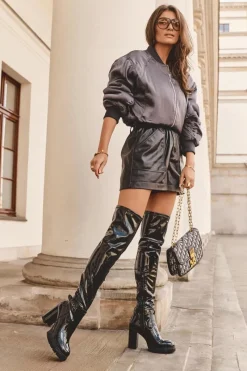 Discount Boto Lakierowane Kozaki Za Kolano Na Masywnym Słupku Czarne Kytia Czarny