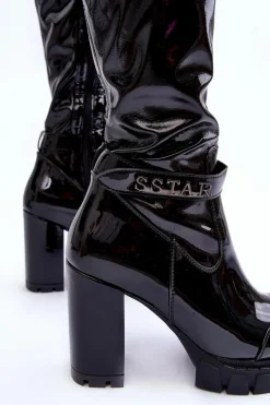 Discount Boto Lakierowane Kozaki Za Kolano Na Masywnym Słupku Czarne Kytia Czarny