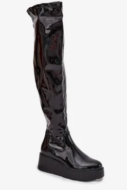 Sale Boto Lakierowane Kozaki Za Kolano Na Platformie I Delikatnym Koturnie Czarne Tavina