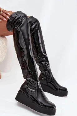 Sale Boto Lakierowane Kozaki Za Kolano Na Platformie I Delikatnym Koturnie Czarne Tavina