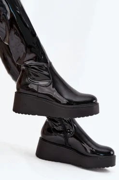 Sale Boto Lakierowane Kozaki Za Kolano Na Platformie I Delikatnym Koturnie Czarne Tavina