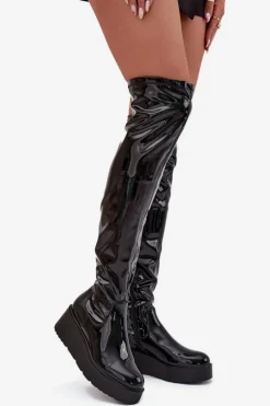 Sale Boto Lakierowane Kozaki Za Kolano Na Platformie I Delikatnym Koturnie Czarne Tavina