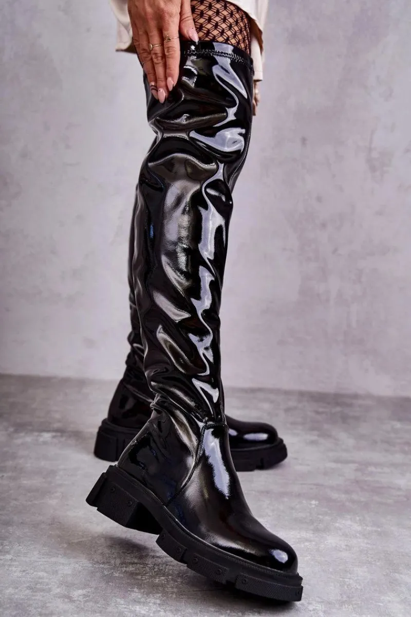 Kozaki Za Kolano|Kozaki Płaskie>GOE Lakierowane Kozaki Za Kolano Na Płaskim Obcasie KK2N4023 Czarne