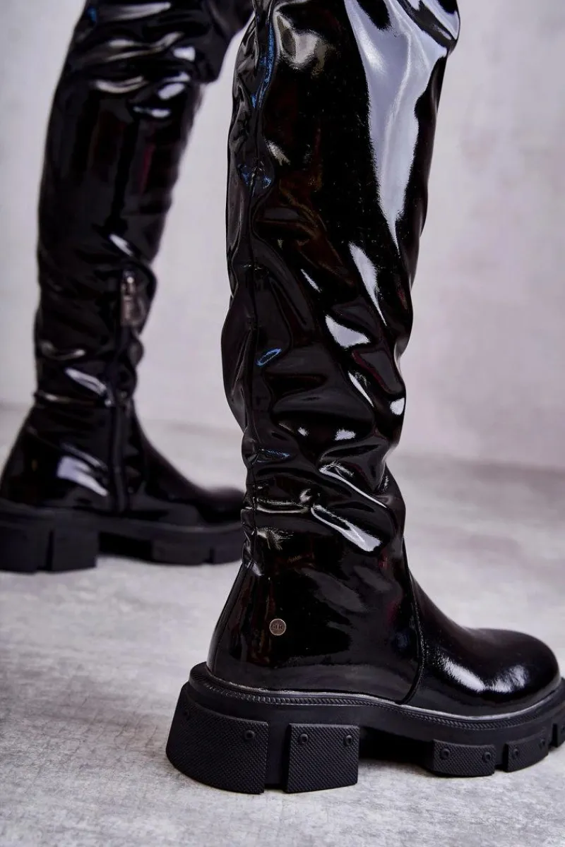 Kozaki Za Kolano|Kozaki Płaskie>GOE Lakierowane Kozaki Za Kolano Na Płaskim Obcasie KK2N4023 Czarne