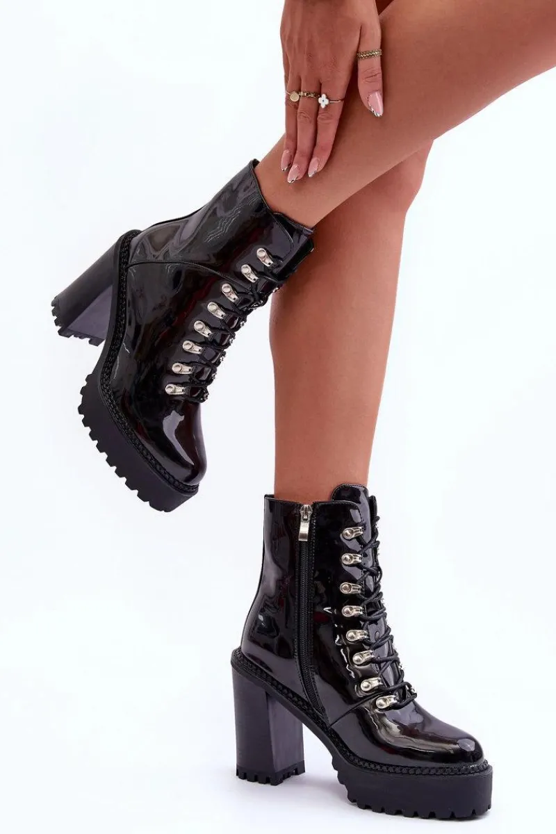 Botki Na Słupku|Czarne Botki>Boto Lakierowane Masywne Botki Na Słupku Czarne Ikeshia