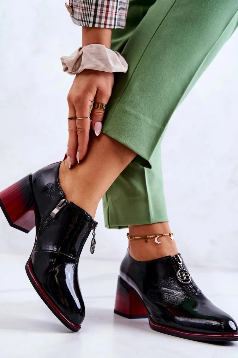 Półbuty Lakierowane>Damskie buty S.Barski Lakierowane Modne Półbuty Na Słupku Czarno-Czerwone Lorena