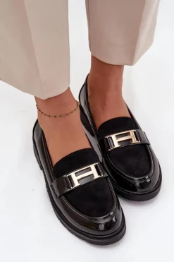 Best Lakierowane Mokasyny Damskie Ze Złotym Detalem S.Barski HY52-545 Czarne Damskie Mokasyny Płaskie|Mokasyny Damskie Lakierowane