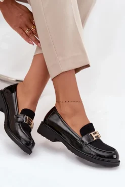 Best Lakierowane Mokasyny Damskie Ze Złotym Detalem S.Barski HY52-545 Czarne Damskie Mokasyny Płaskie|Mokasyny Damskie Lakierowane