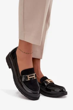 Best Lakierowane Mokasyny Damskie Ze Złotym Detalem S.Barski HY52-545 Czarne Damskie Mokasyny Płaskie|Mokasyny Damskie Lakierowane