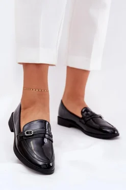 Clearance Boto Lakierowane Mokasyny Damskie Z Ozdobną Sprzączką Czarne Mollan