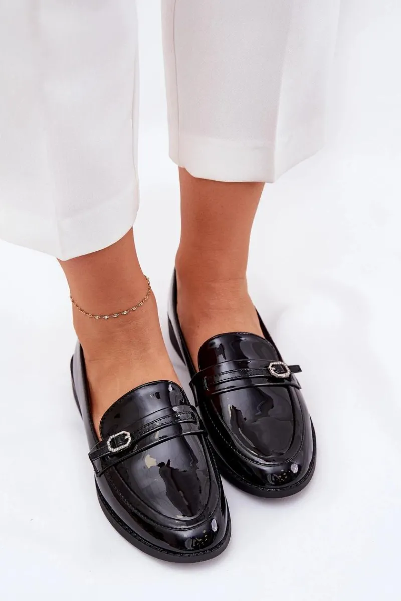 Clearance Boto Lakierowane Mokasyny Damskie Z Ozdobną Sprzączką Czarne Mollan