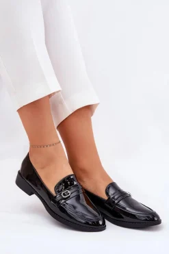 Clearance Boto Lakierowane Mokasyny Damskie Z Ozdobną Sprzączką Czarne Mollan