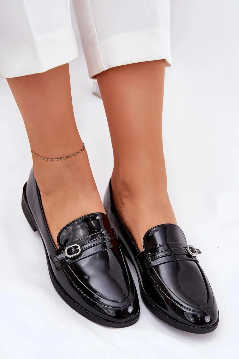 Clearance Boto Lakierowane Mokasyny Damskie Z Ozdobną Sprzączką Czarne Mollan