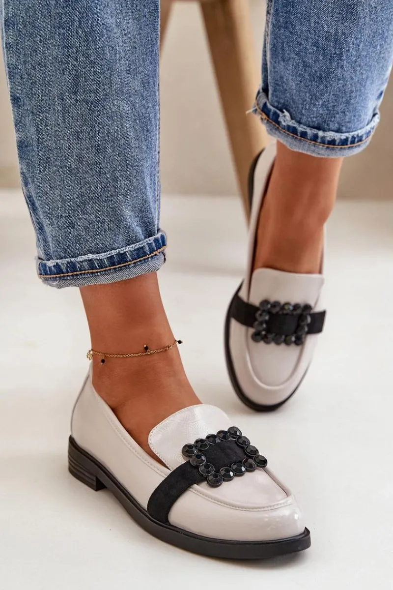 Outlet Lakierowane Mokasyny Damskie Z Ozdobą Jasnoszare Vinceza 58389 Damskie Loafersy Damskie|Mokasyny Płaskie