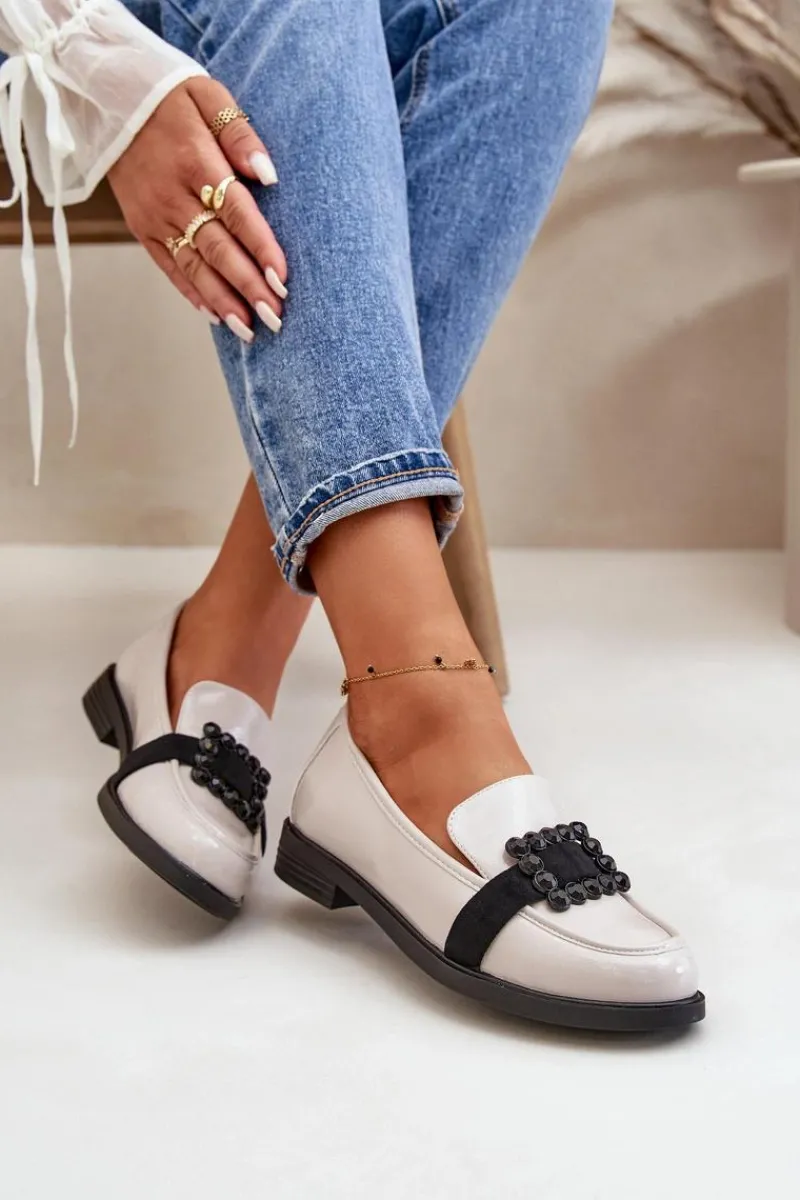 Outlet Lakierowane Mokasyny Damskie Z Ozdobą Jasnoszare Vinceza 58389 Damskie Loafersy Damskie|Mokasyny Płaskie