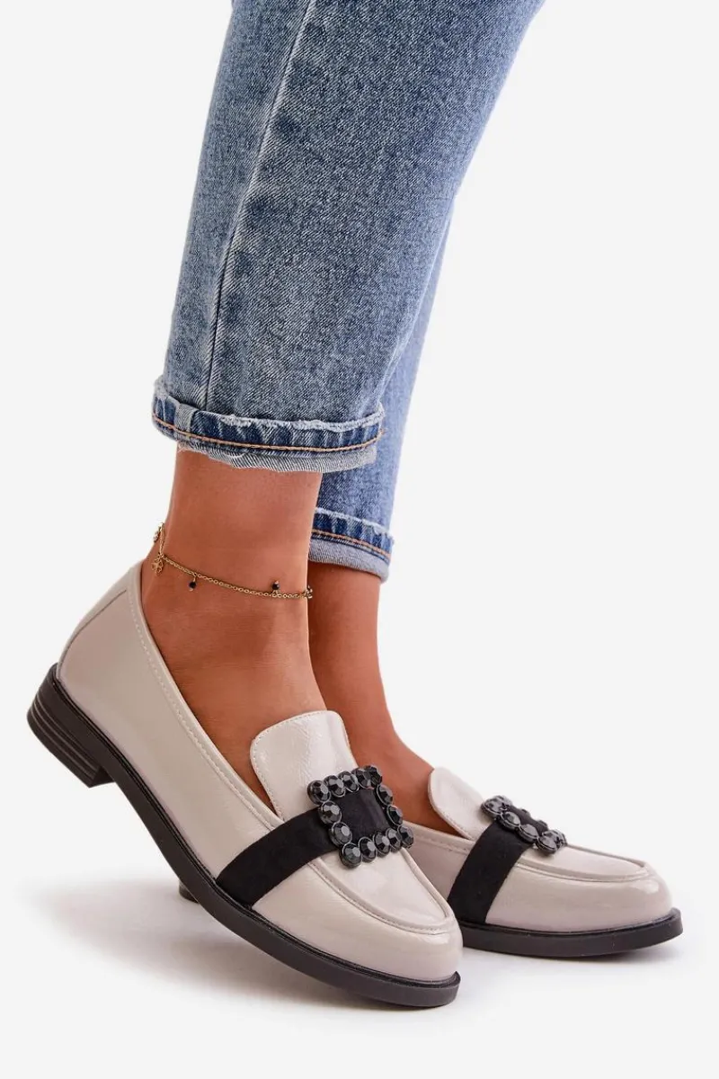 Outlet Lakierowane Mokasyny Damskie Z Ozdobą Jasnoszare Vinceza 58389 Damskie Loafersy Damskie|Mokasyny Płaskie