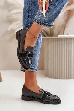 Loafersy Damskie|Mokasyny Płaskie></noscript>Buty damskie Vinceza Lakierowane Mokasyny Damskie Z Ozdobą Czarne Vinceza 58389 Czarny