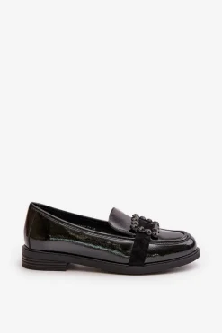 Loafersy Damskie|Mokasyny Płaskie></noscript>Buty damskie Vinceza Lakierowane Mokasyny Damskie Z Ozdobą Czarne Vinceza 58389 Czarny
