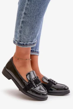 Loafersy Damskie|Mokasyny Płaskie></noscript>Buty damskie Vinceza Lakierowane Mokasyny Damskie Z Ozdobą Czarne Vinceza 58389 Czarny