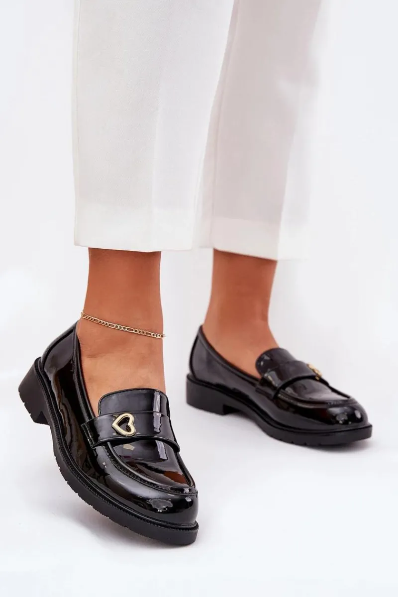 Mokasyny Płaskie|Mokasyny Damskie Lakierowane>Damskie buty S.Barski Lakierowane Mokasyny Damskie Z Serduszkiem S.Barski HY51-379 Czarne