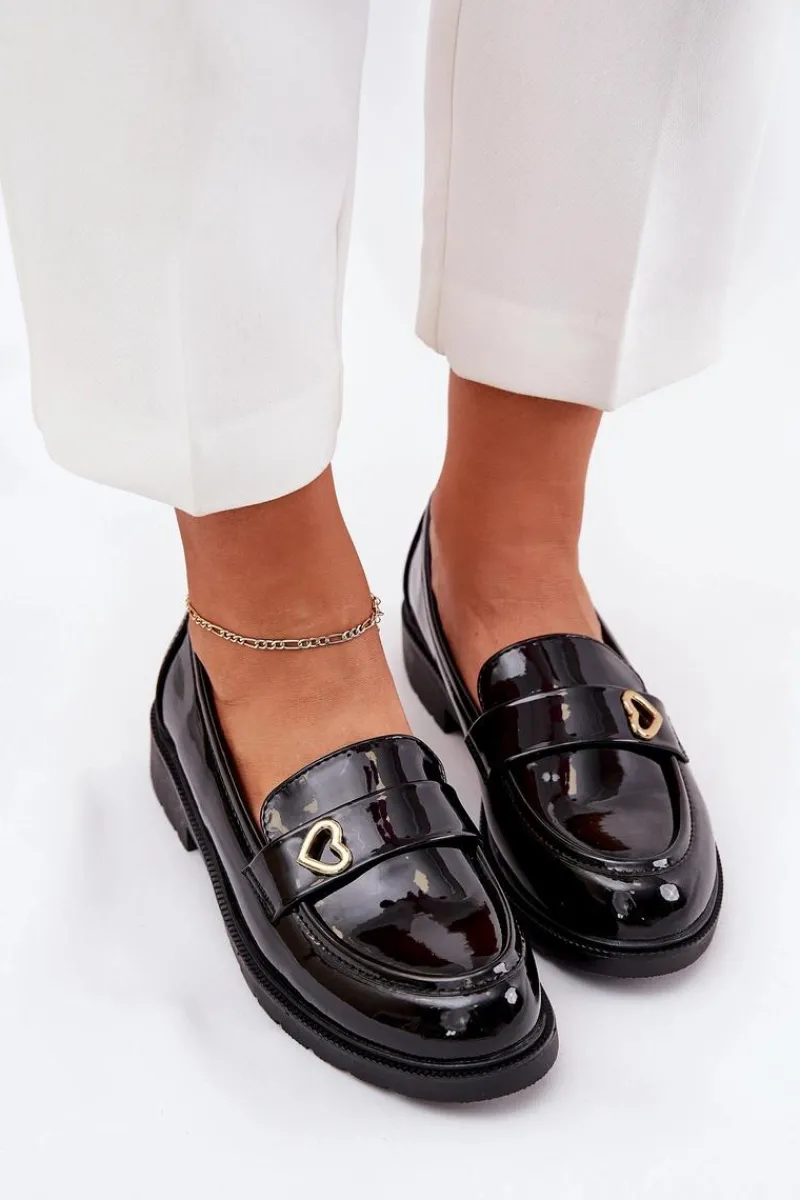 Mokasyny Płaskie|Mokasyny Damskie Lakierowane>Damskie buty S.Barski Lakierowane Mokasyny Damskie Z Serduszkiem S.Barski HY51-379 Czarne