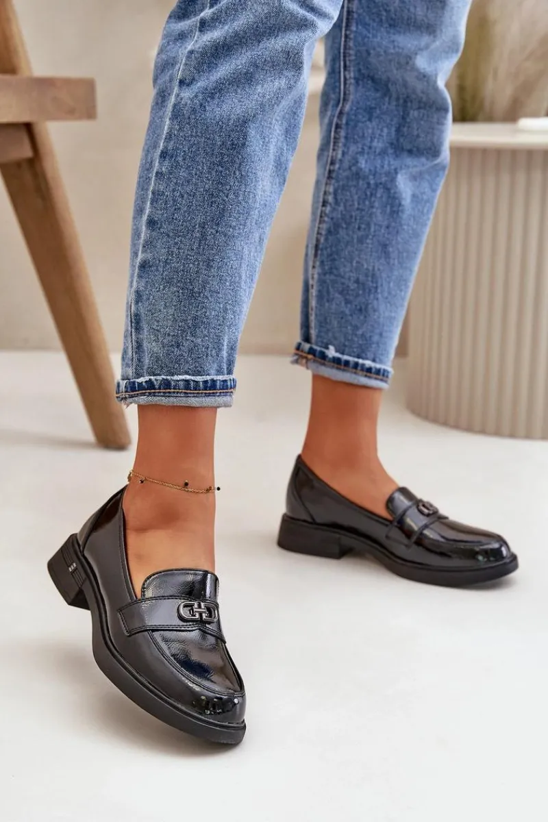 Clearance Buty damskie Vinceza Lakierowane Mokasyny Damskie Ze Skóry Naturalnej Czarne Vinceza 58409