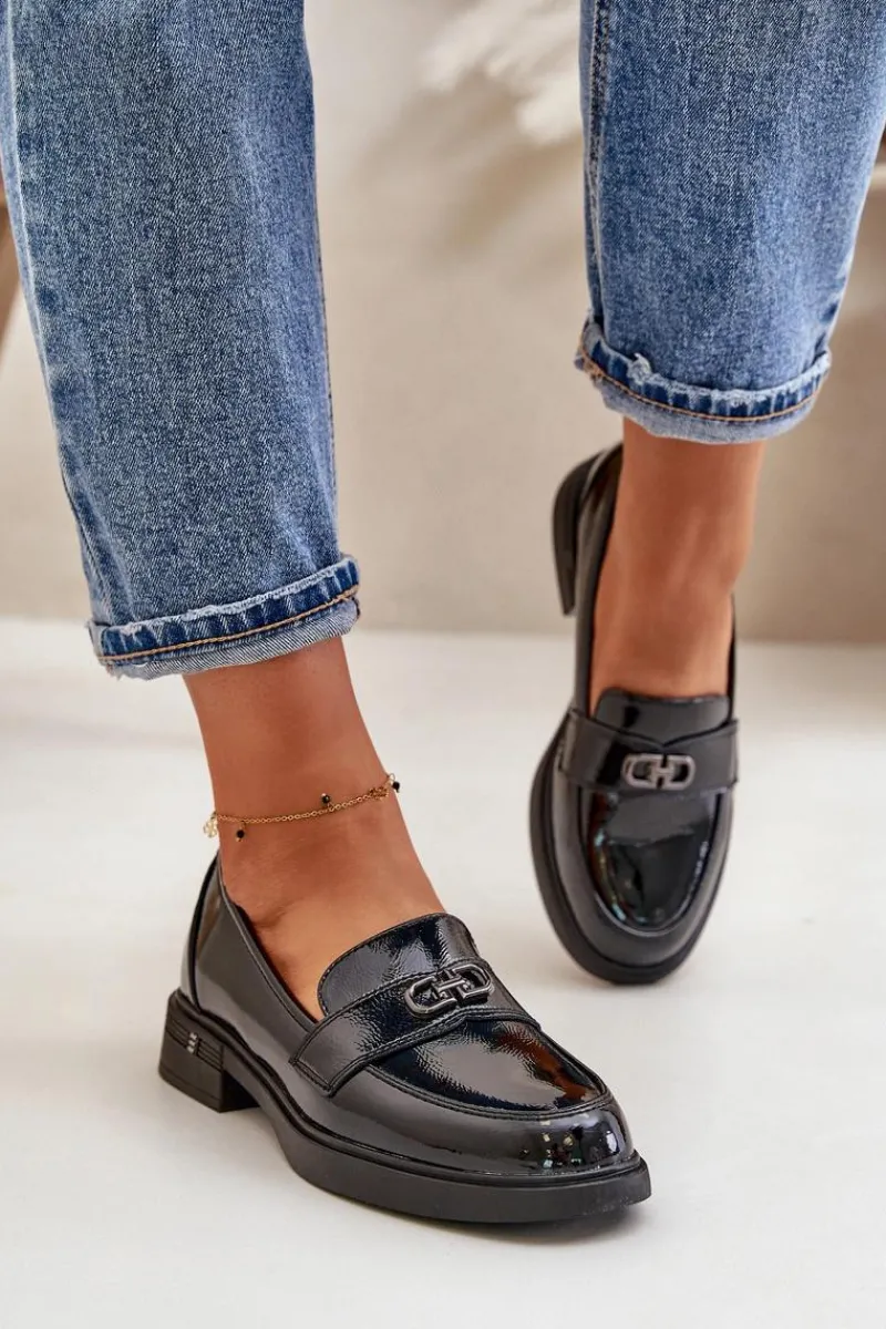 Clearance Buty damskie Vinceza Lakierowane Mokasyny Damskie Ze Skóry Naturalnej Czarne Vinceza 58409