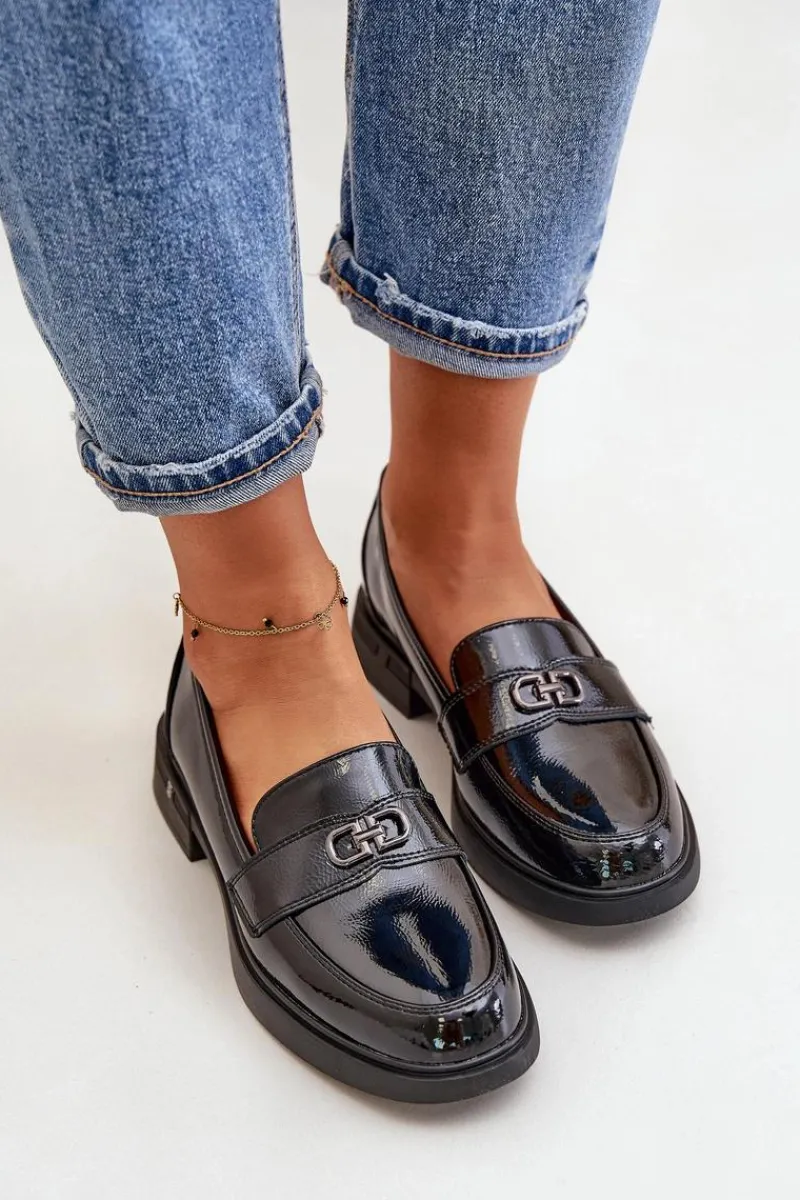 Clearance Buty damskie Vinceza Lakierowane Mokasyny Damskie Ze Skóry Naturalnej Czarne Vinceza 58409