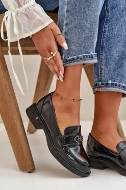 Clearance Buty damskie Vinceza Lakierowane Mokasyny Damskie Ze Skóry Naturalnej Czarne Vinceza 58409