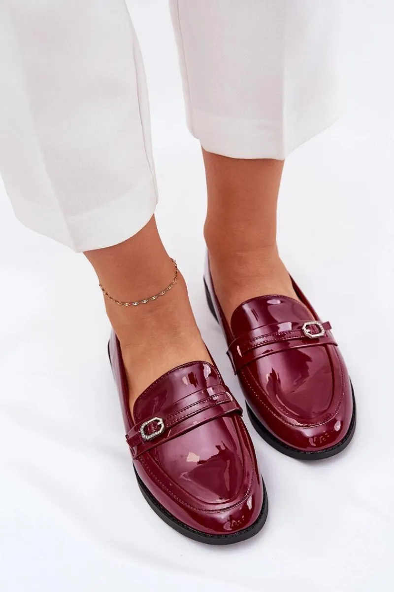 Clearance Boto Lakierowane Mokasyny Damskie Z Ozdobną Sprzączką Bordowe Mollan