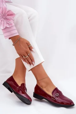 Clearance Boto Lakierowane Mokasyny Damskie Z Ozdobną Sprzączką Bordowe Mollan