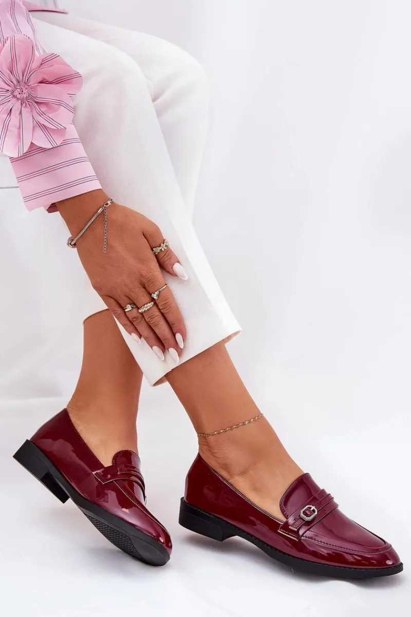 Clearance Boto Lakierowane Mokasyny Damskie Z Ozdobną Sprzączką Bordowe Mollan