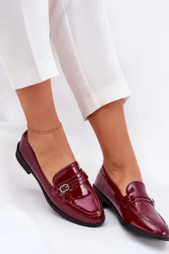 Clearance Boto Lakierowane Mokasyny Damskie Z Ozdobną Sprzączką Bordowe Mollan