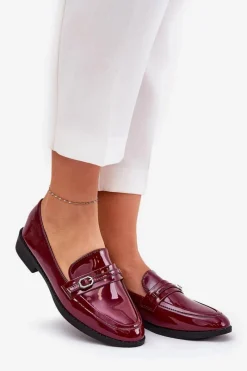 Clearance Boto Lakierowane Mokasyny Damskie Z Ozdobną Sprzączką Bordowe Mollan