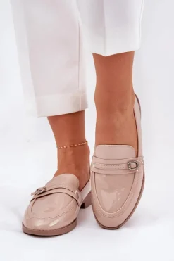 Loafersy Damskie|Mokasyny Płaskie></noscript>Boto Lakierowane Mokasyny Damskie Z Ozdobną Sprzączką Beżowe Mollan