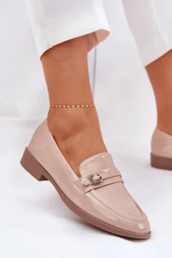 Loafersy Damskie|Mokasyny Płaskie></noscript>Boto Lakierowane Mokasyny Damskie Z Ozdobną Sprzączką Beżowe Mollan