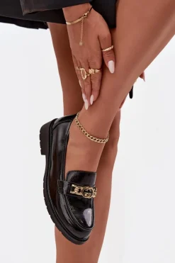 Outlet D&A Lakierowane Mokasyny Damskie Ze Złotą Ozdobą S.Barski HY52-539 Czarne Czarny