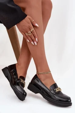 Outlet D&A Lakierowane Mokasyny Damskie Ze Złotą Ozdobą S.Barski HY52-539 Czarne Czarny